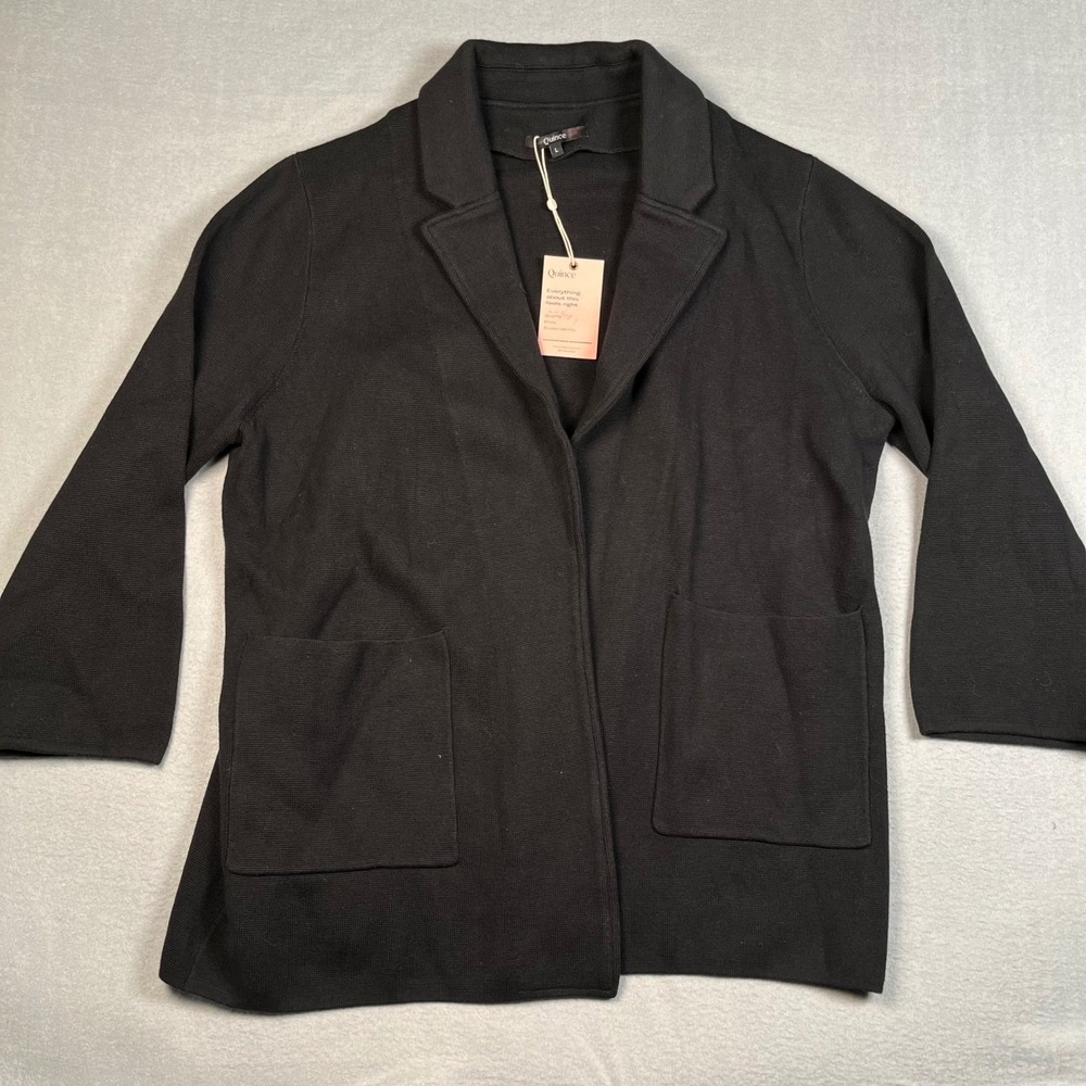 Quince Black Knit Blazer Cardigan Buttonless Pockets Size L